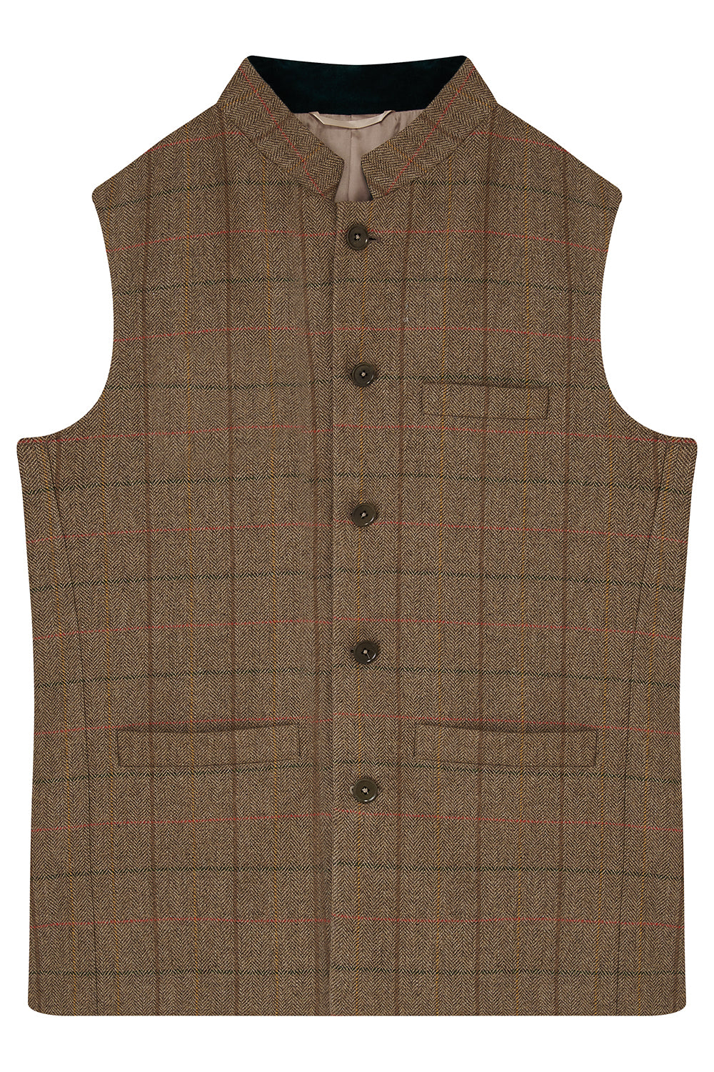 ISAAC Fine Tweed Nehru Gilet - Chestnut Herringbone