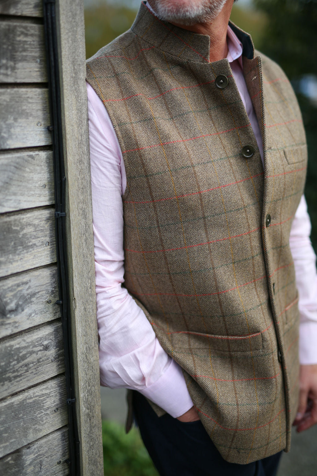 ISAAC Fine Tweed Nehru Gilet - Chestnut Herringbone