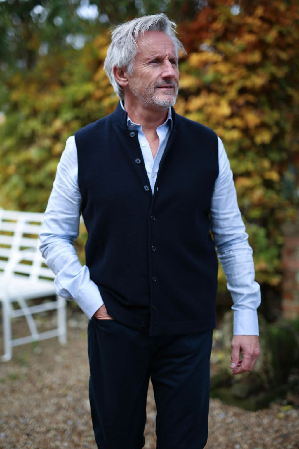 Knitted Nehru Cashmere Gilet - Navy Blue