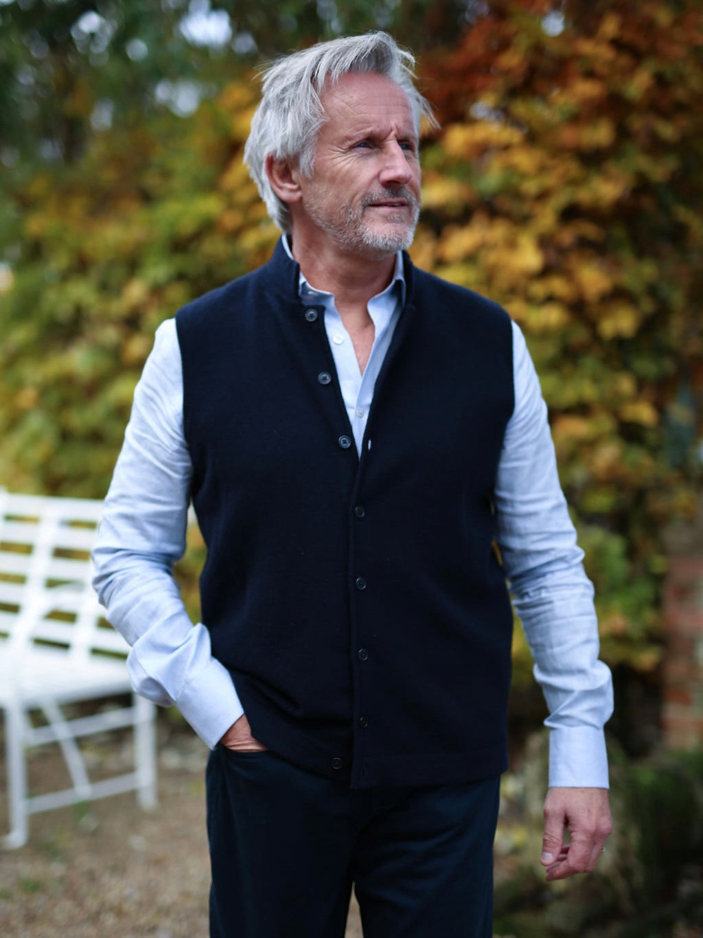 Knitted Nehru Cashmere Gilet - Navy Blue