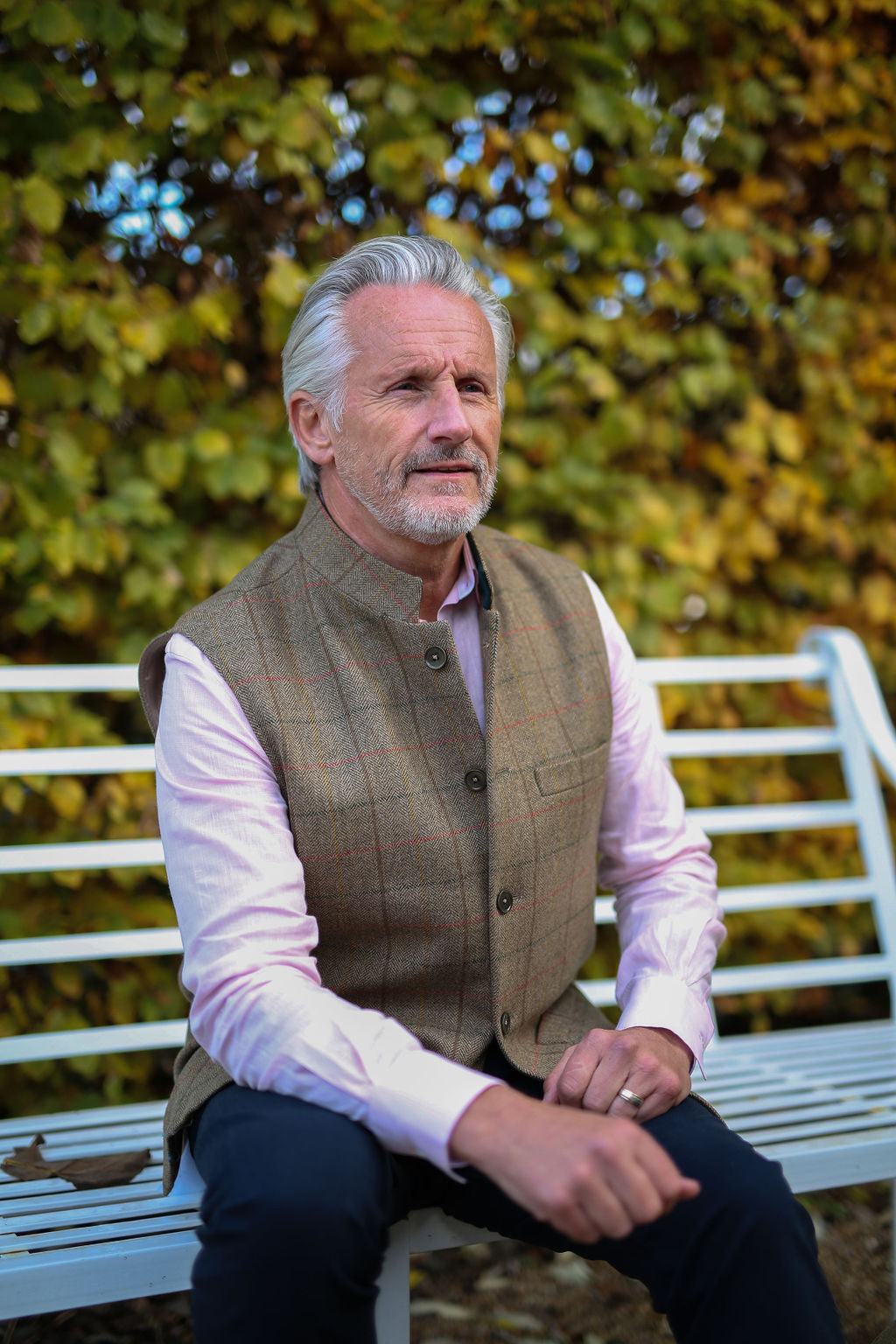 ISAAC Fine Tweed Nehru Gilet - Chestnut Herringbone