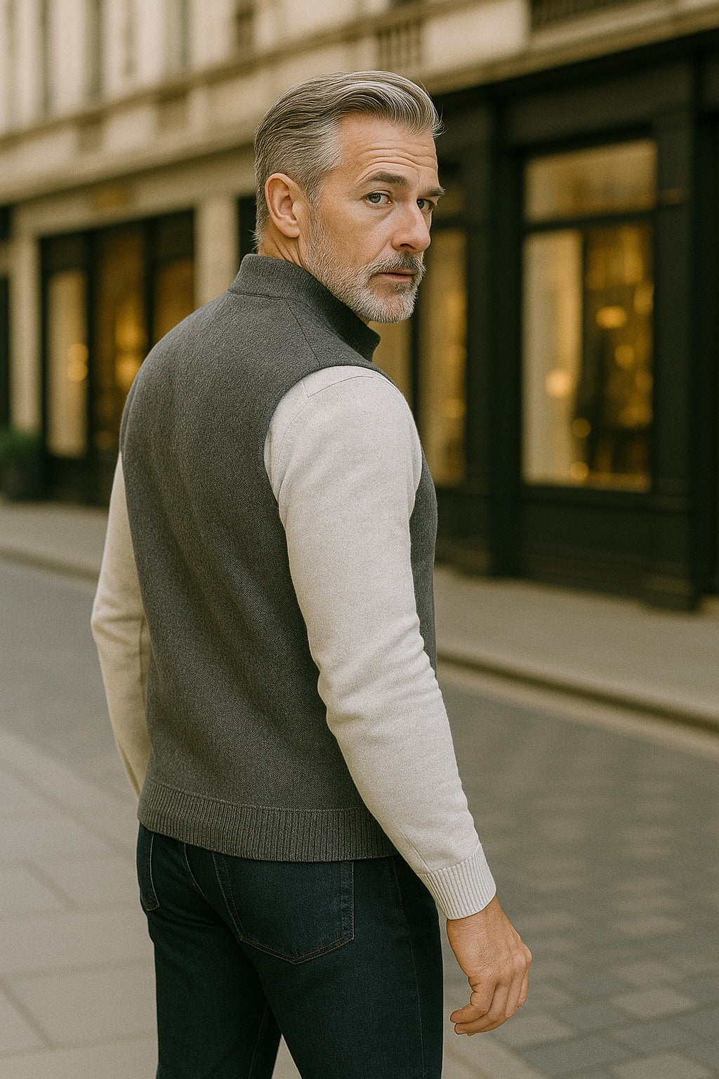 Knitted Nehru Cashmere Gilet - Silver Grey