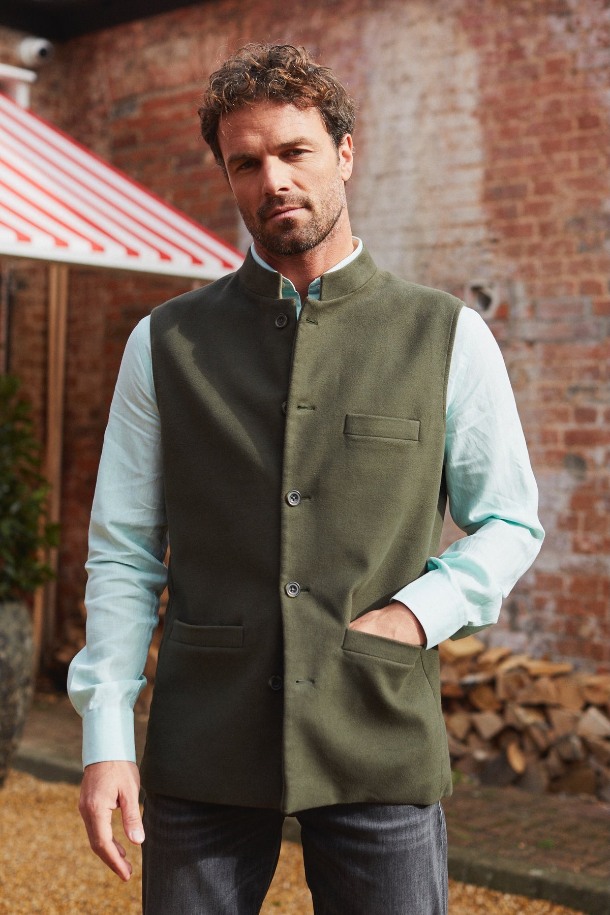 Men's MOLESKIN Nehru Gilet Olive Green The JAX Boutique