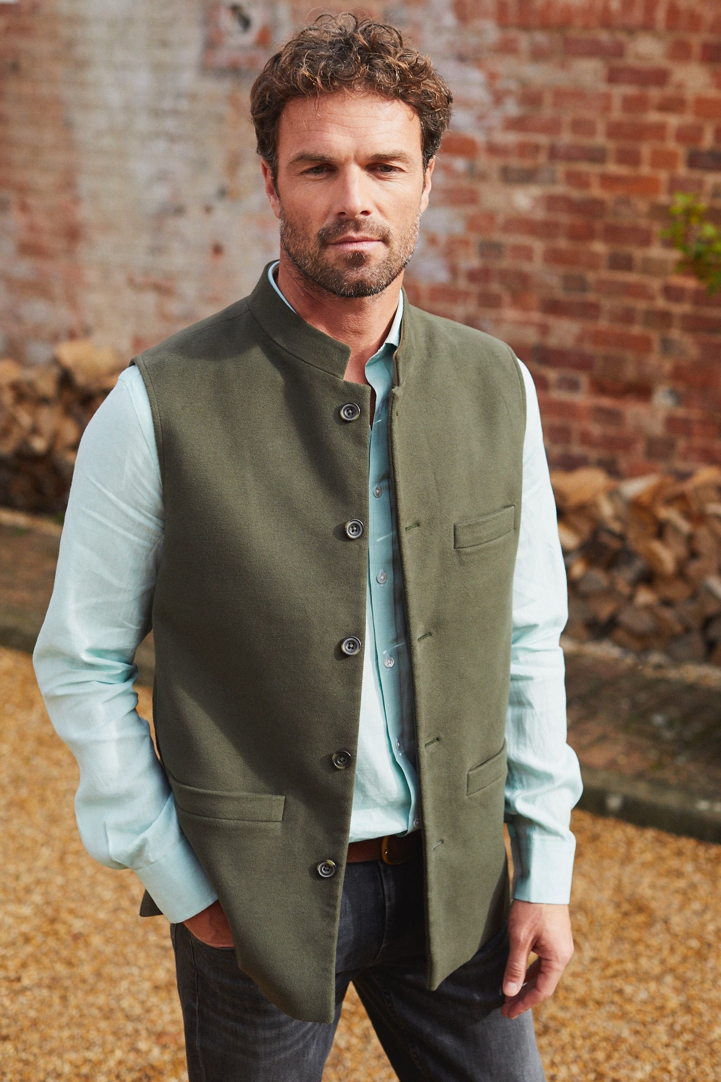 MOLESKIN Nehru Gilet - Olive Green