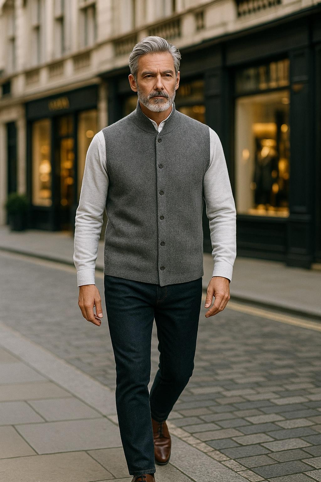Knitted Nehru Cashmere Gilet - Silver Grey