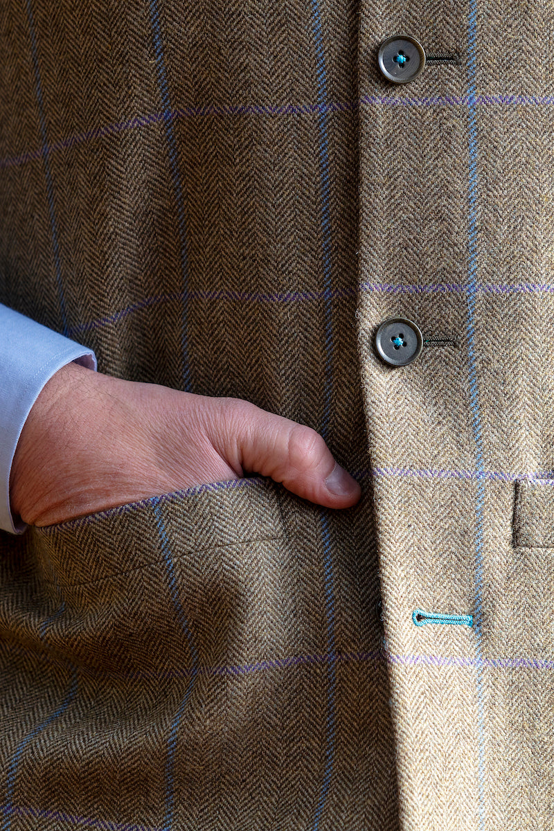 JASPER Fine Tweed Nehru Gilet - Sage Tweed with Turquoise