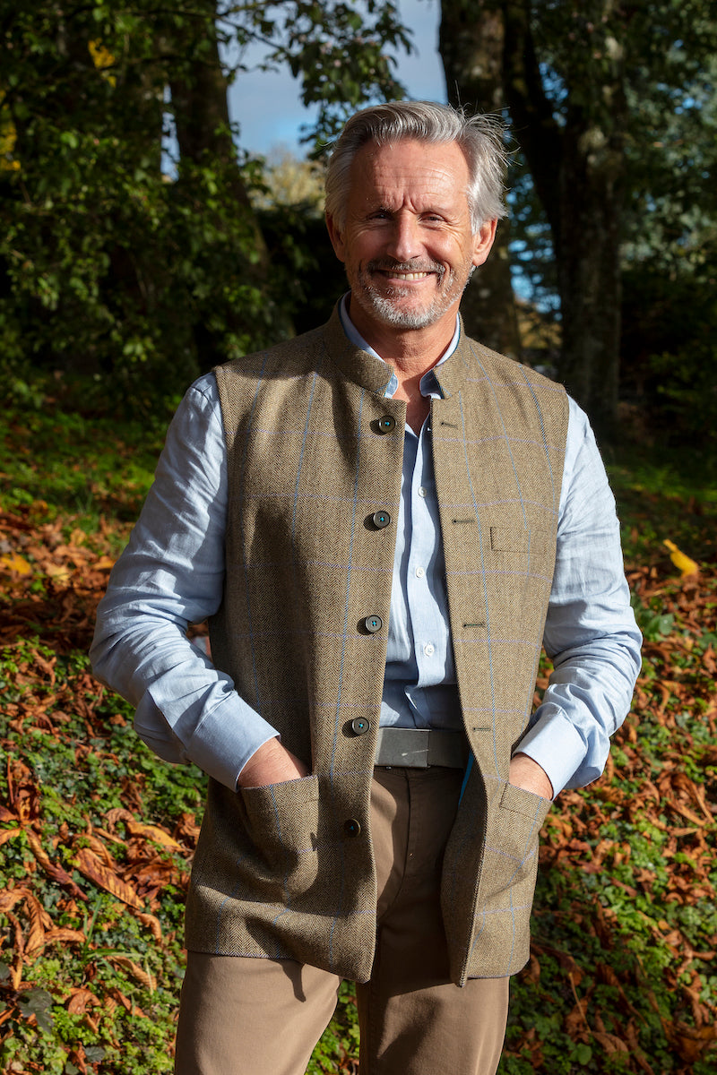 JASPER Fine Tweed Nehru Gilet - Sage Tweed with Turquoise