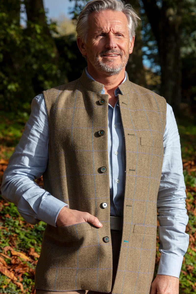 JASPER Fine Tweed Nehru Gilet - Sage Tweed with Turquoise