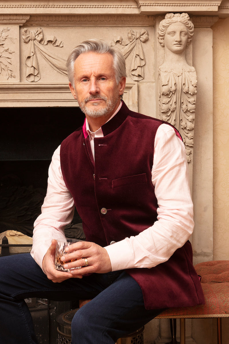 BACCHUS Velvet Nehru Gilet - Burgundy