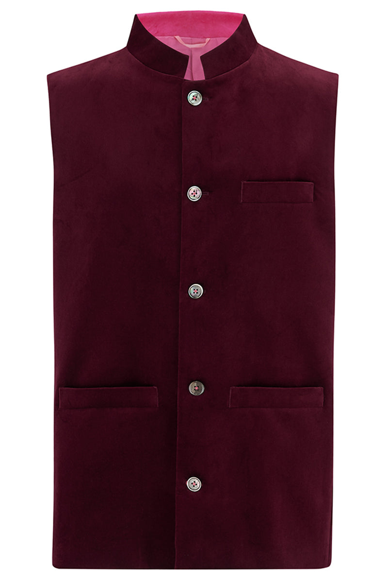 BACCHUS Velvet Nehru Gilet - Burgundy