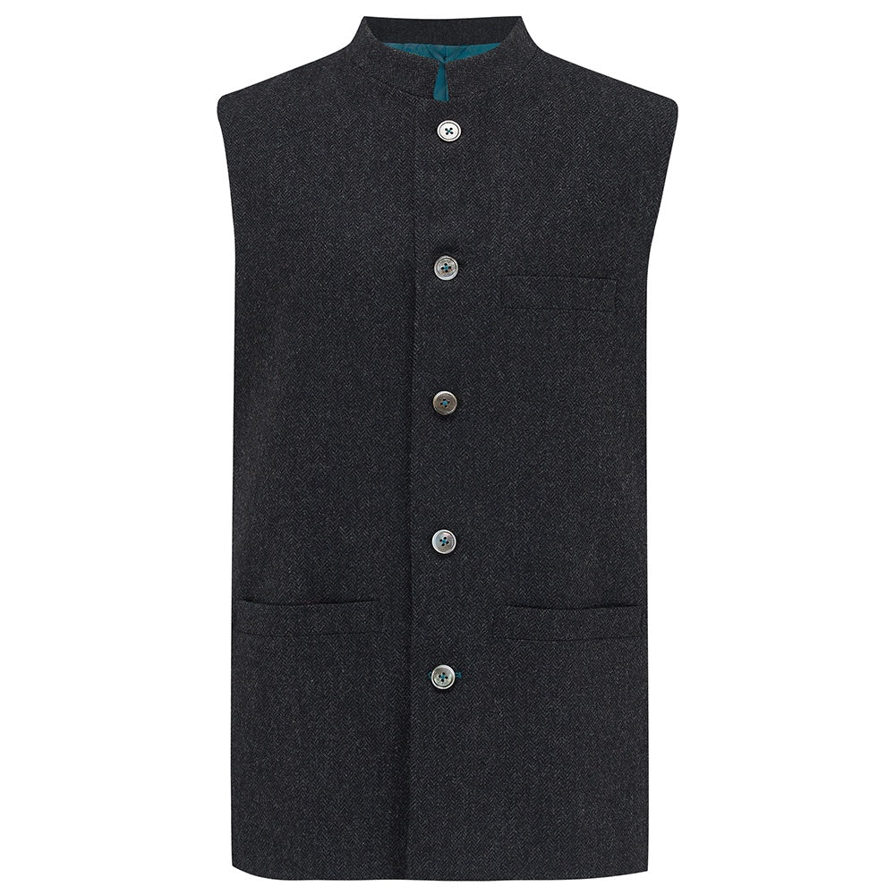 TOBO Fine Wool Nehru Gilet - Charcoal Herringbone