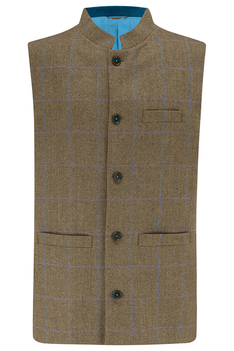 JASPER Fine Tweed Nehru Gilet - Sage Tweed with Turquoise