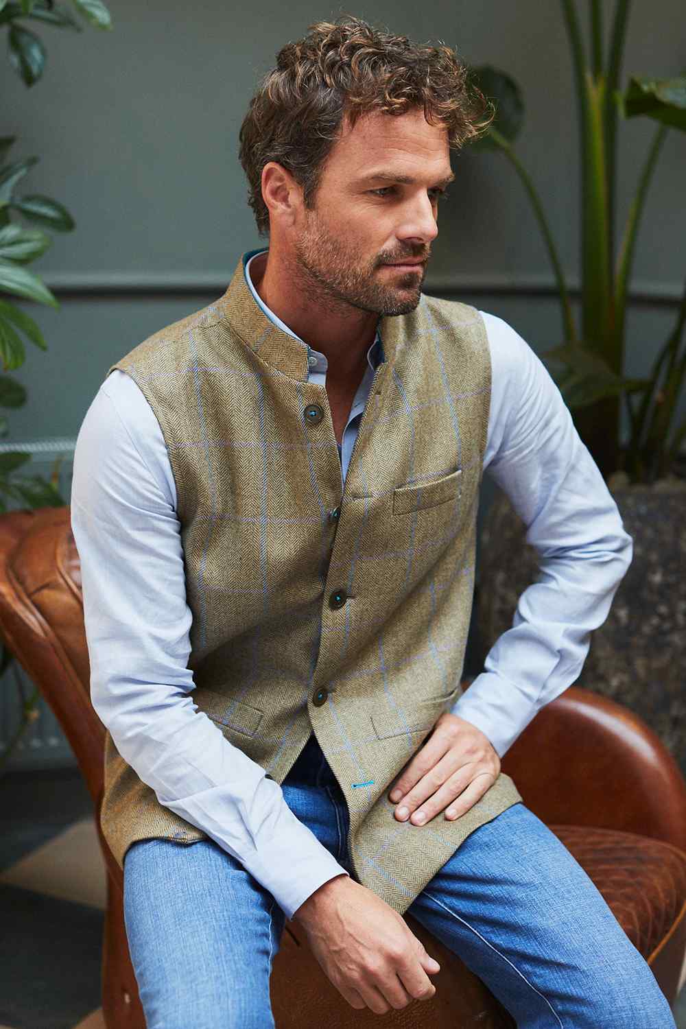 JASPER Fine Tweed Nehru Gilet - Sage and Turquoise | The JAX