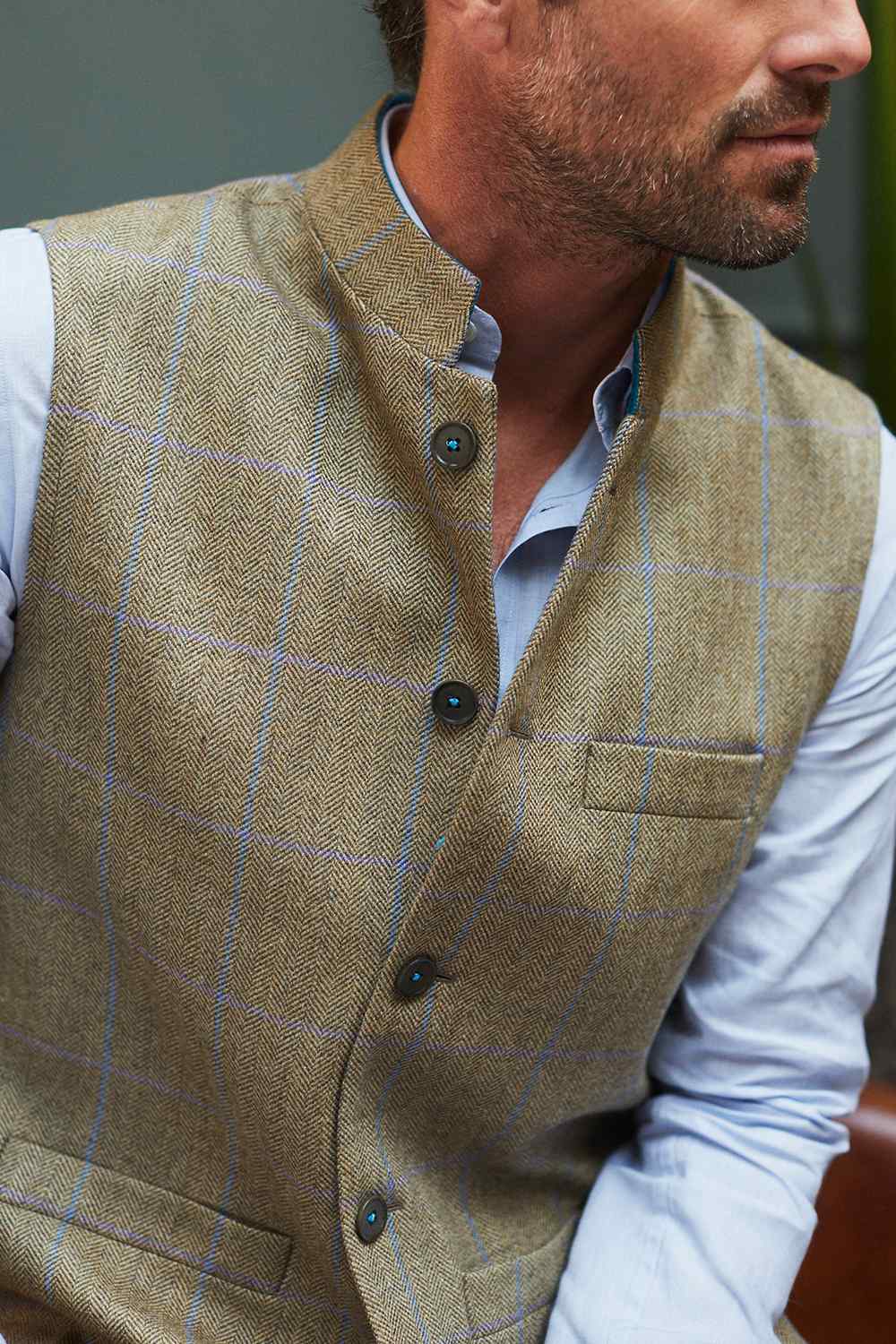 JASPER Fine Tweed Nehru Gilet - Sage Tweed with Turquoise