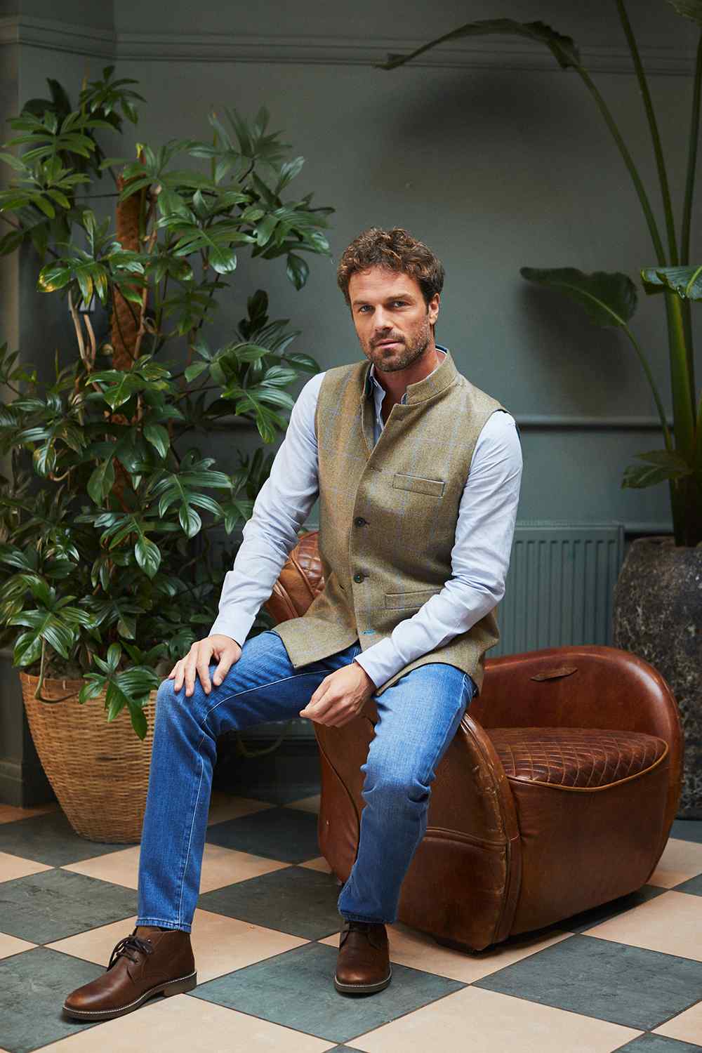 JASPER Fine Tweed Nehru Gilet - Sage Tweed with Turquoise