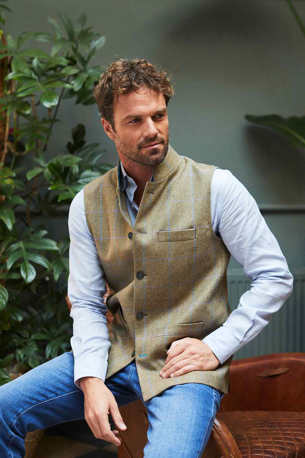 JASPER Fine Tweed Nehru Gilet - Sage Tweed with Turquoise