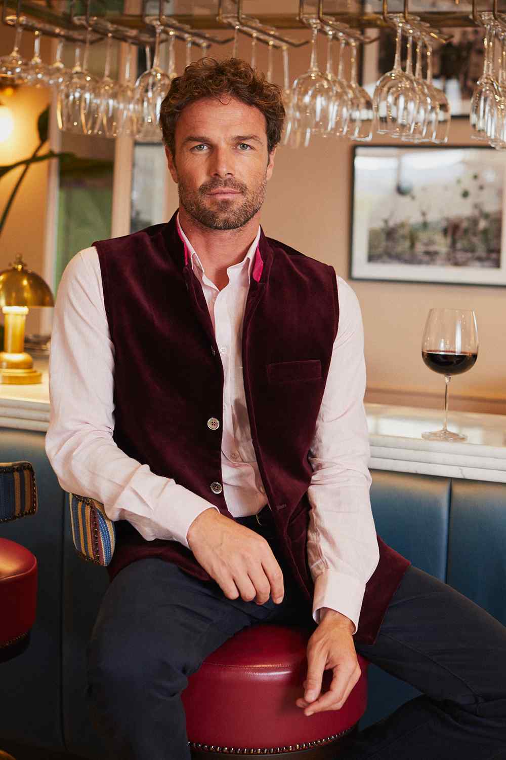 BACCHUS Velvet Nehru Gilet - Burgundy