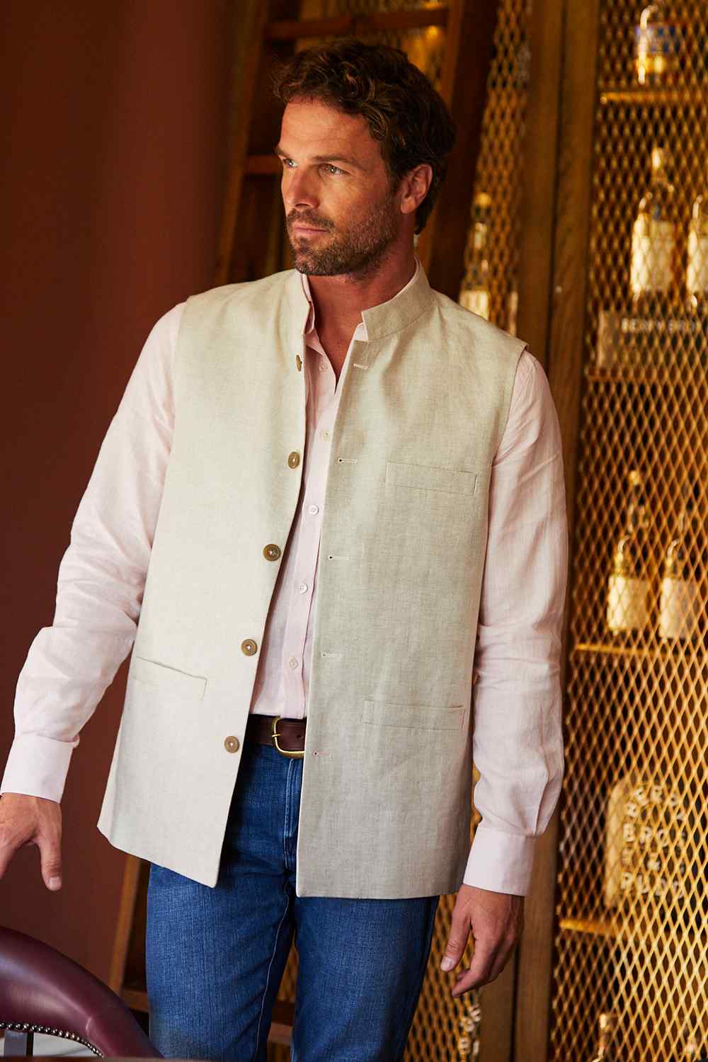LINEN Nehru Gilet - Cream