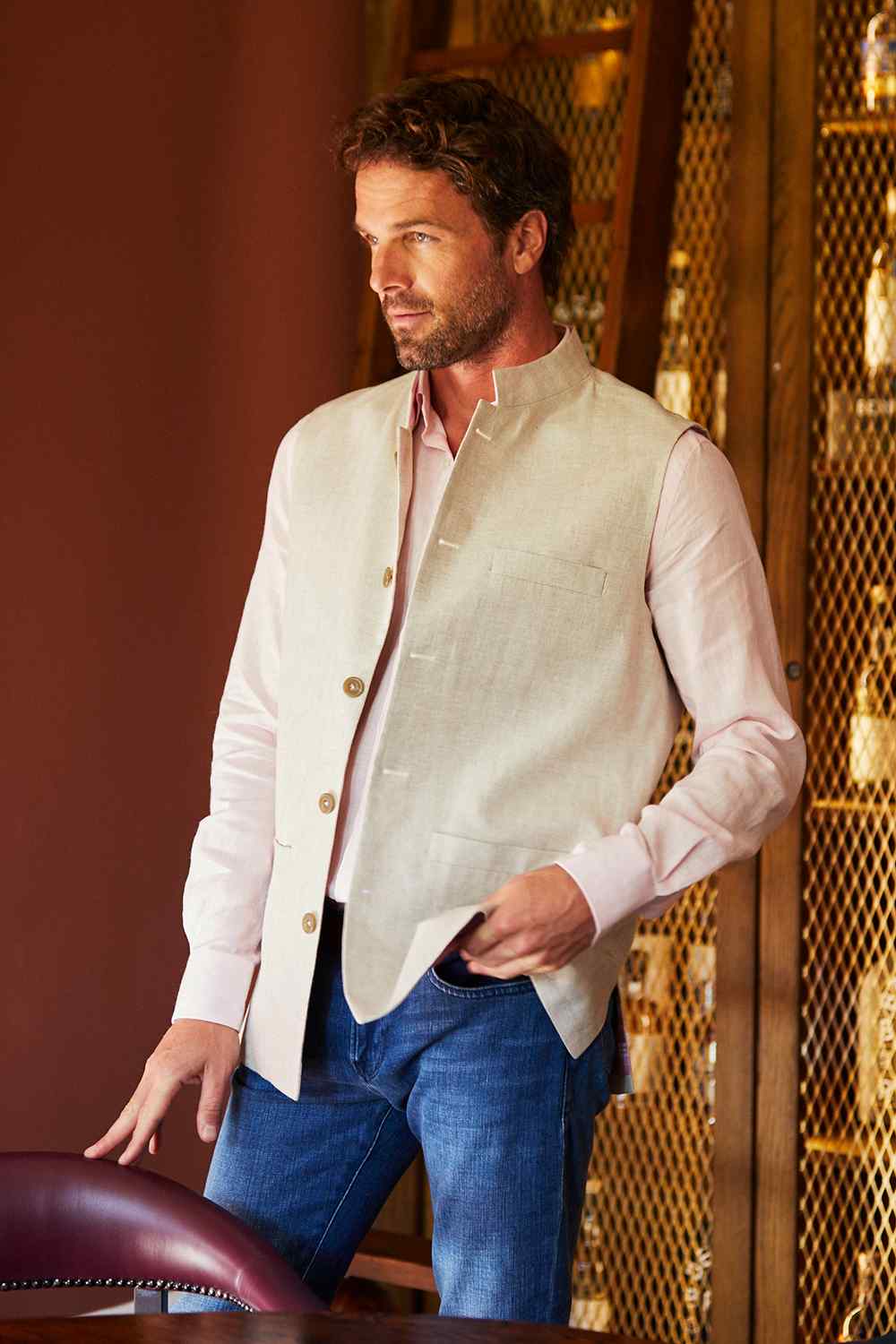 LINEN Nehru Gilet - Cream