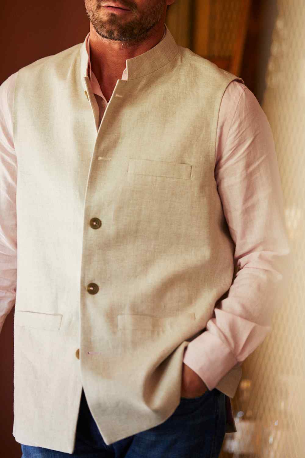 LINEN Nehru Gilet - Cream
