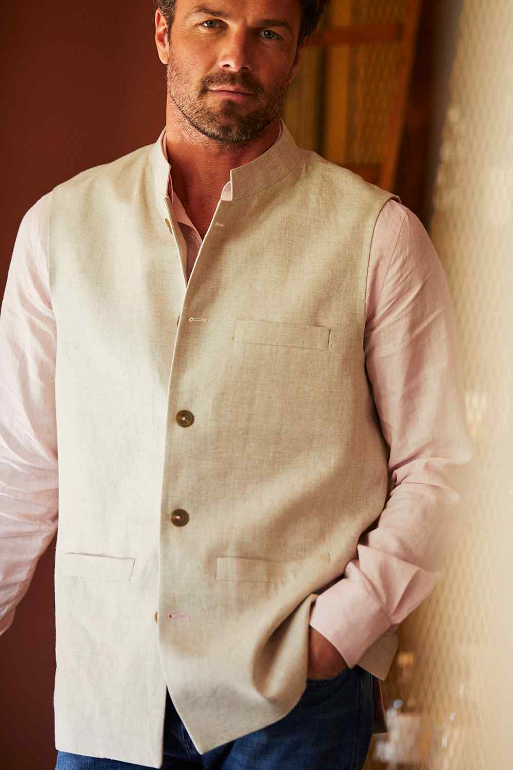 LINEN Nehru Gilet - Cream