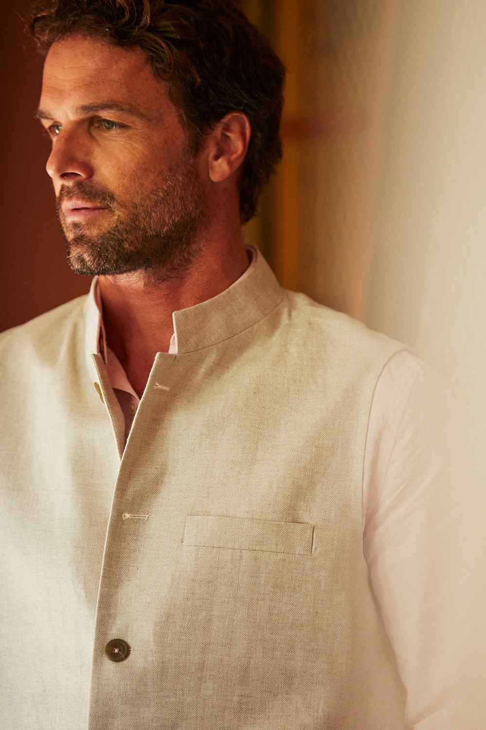 LINEN Nehru Gilet - Cream