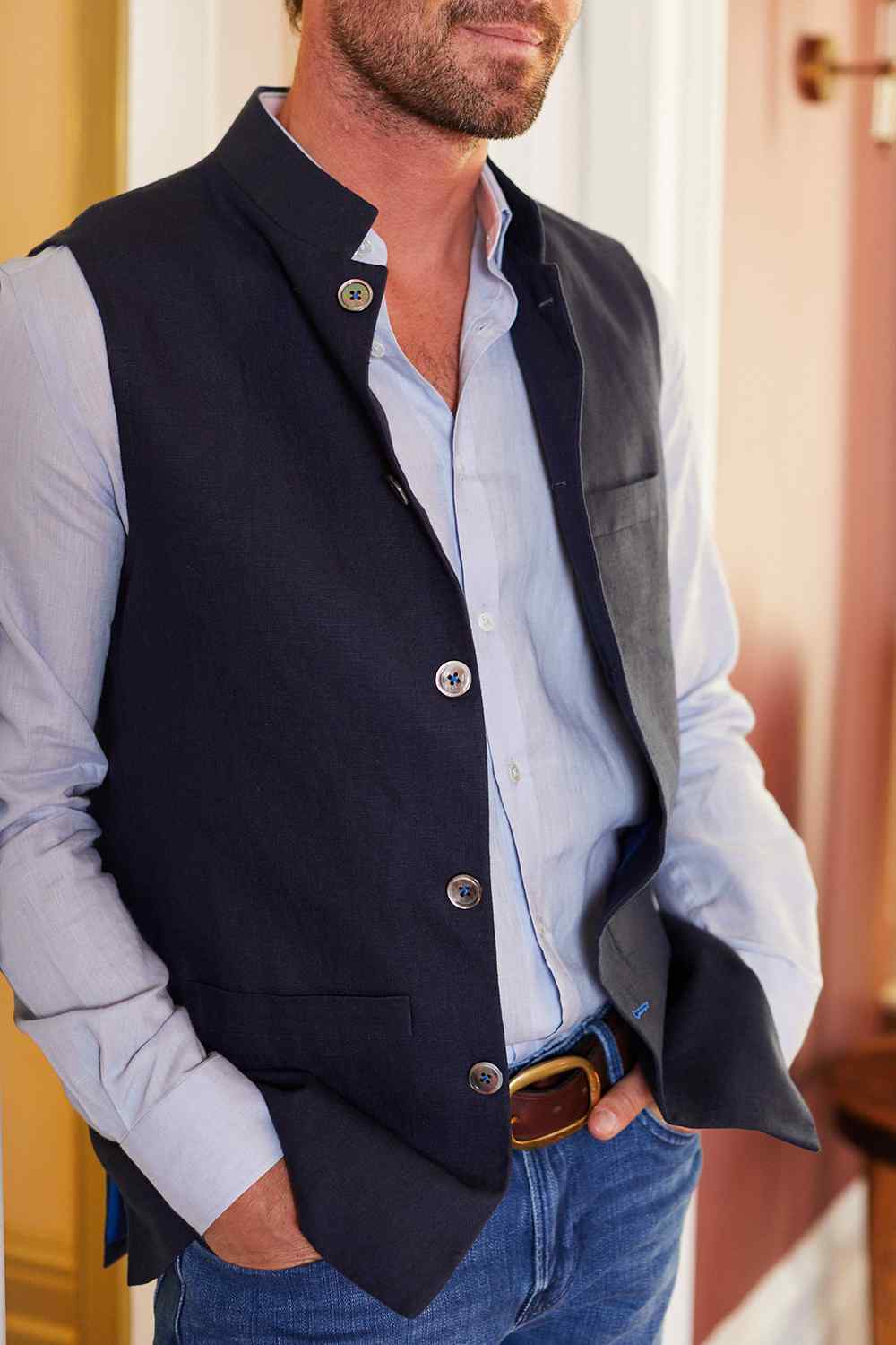 LINEN Nehru Gilet - Summer Blue