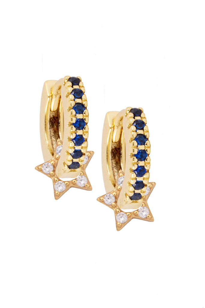Gold Sapphire Huggie Earrings with Diamond Star Wheel Charms