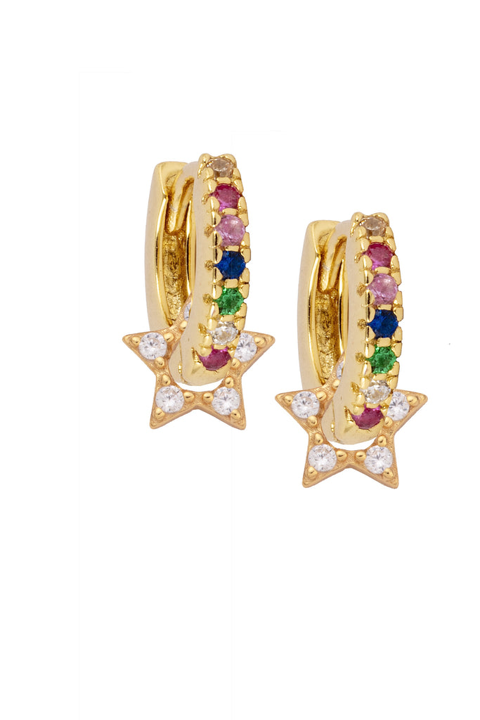 Rainbow Gold Huggie Earrings with Star Wheel Charms