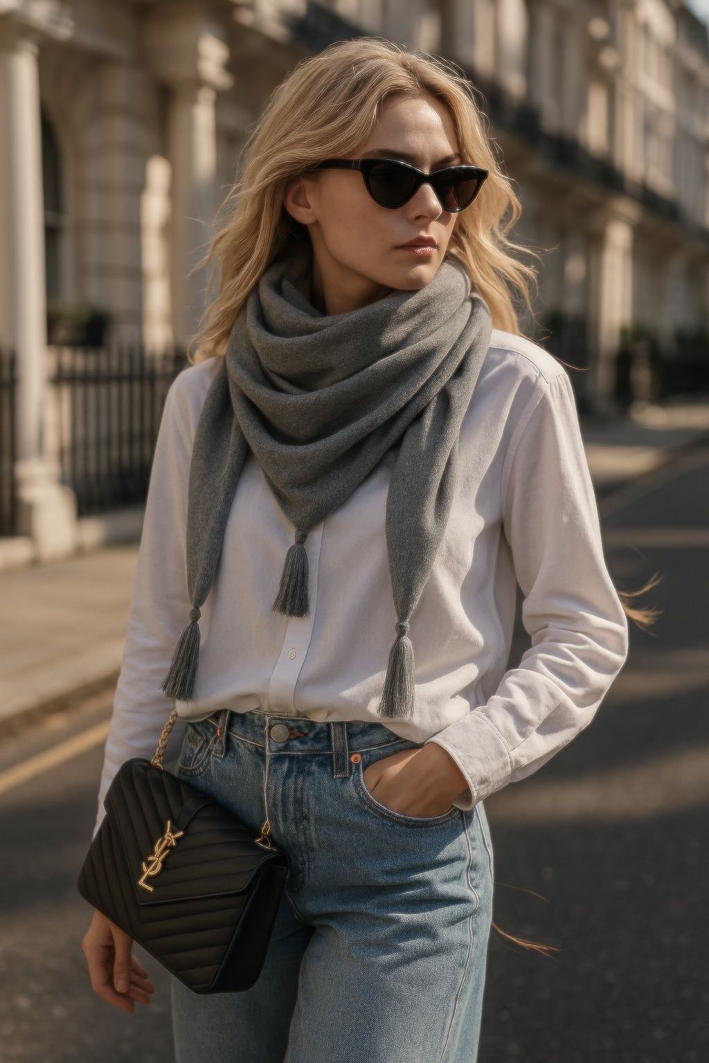 Triangle Tassel Cashmere Scarf - Smoke Grey
