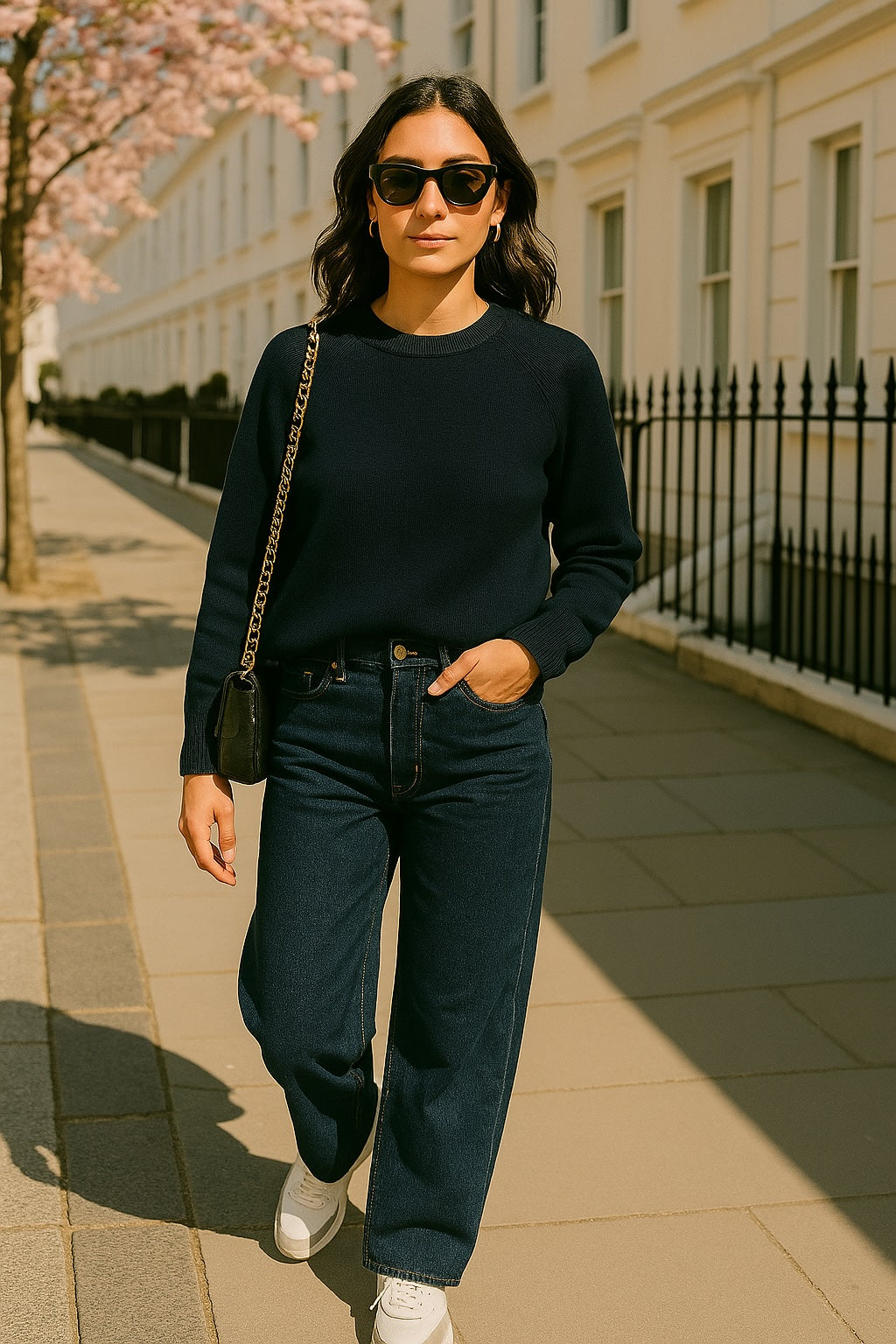 DOUBLE COLLAR Crew Neck Cashmere Jumper - Navy Blue