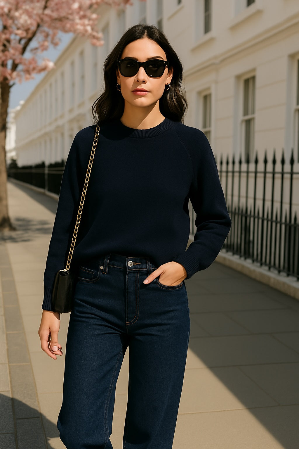 DOUBLE COLLAR Crew Neck Cashmere Jumper - Navy Blue