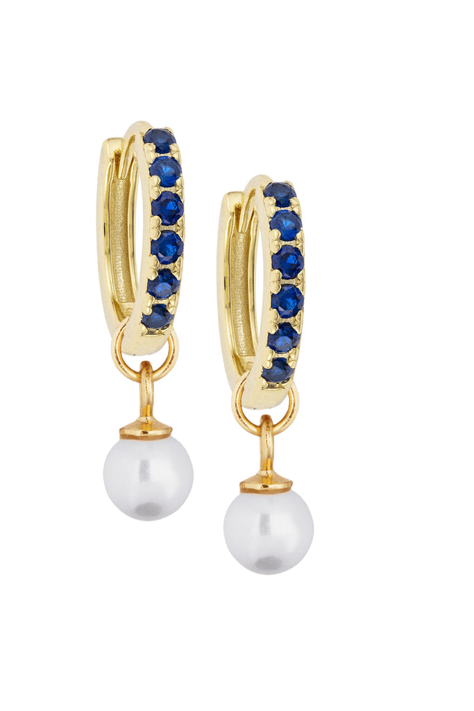 Sapphire Midi Hoops with Round Pearl Charms