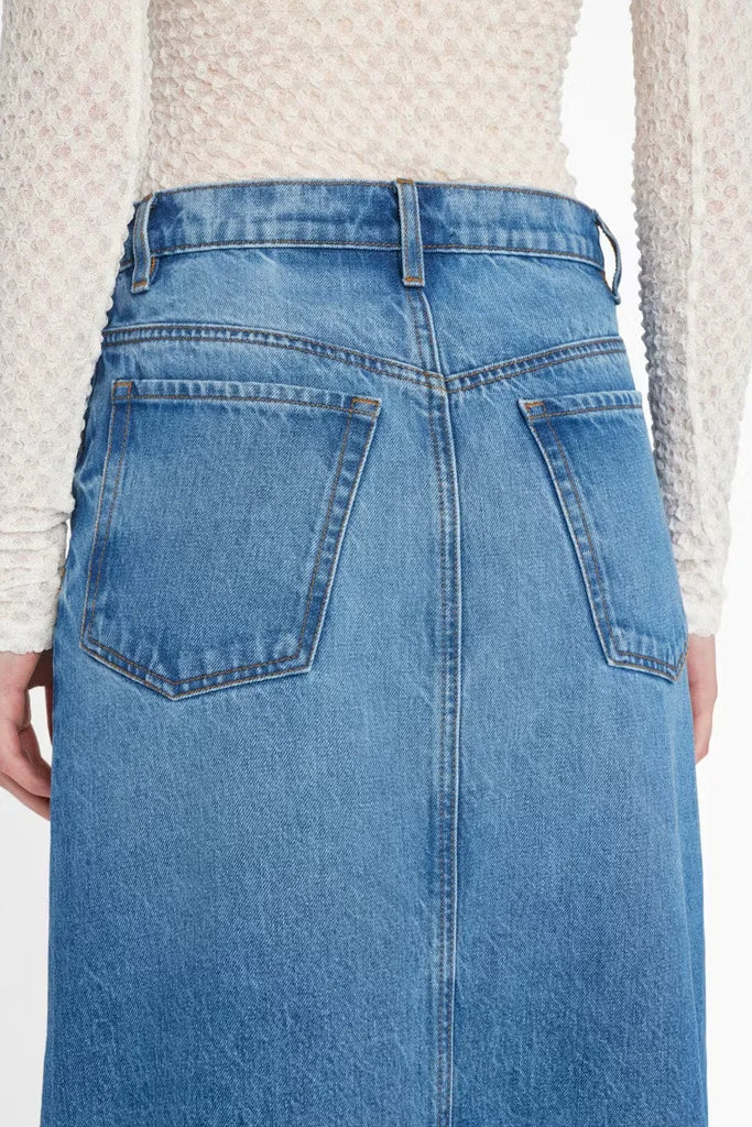 MIDAXI Demin Skirt with Angled Seam - Del Amo Blue