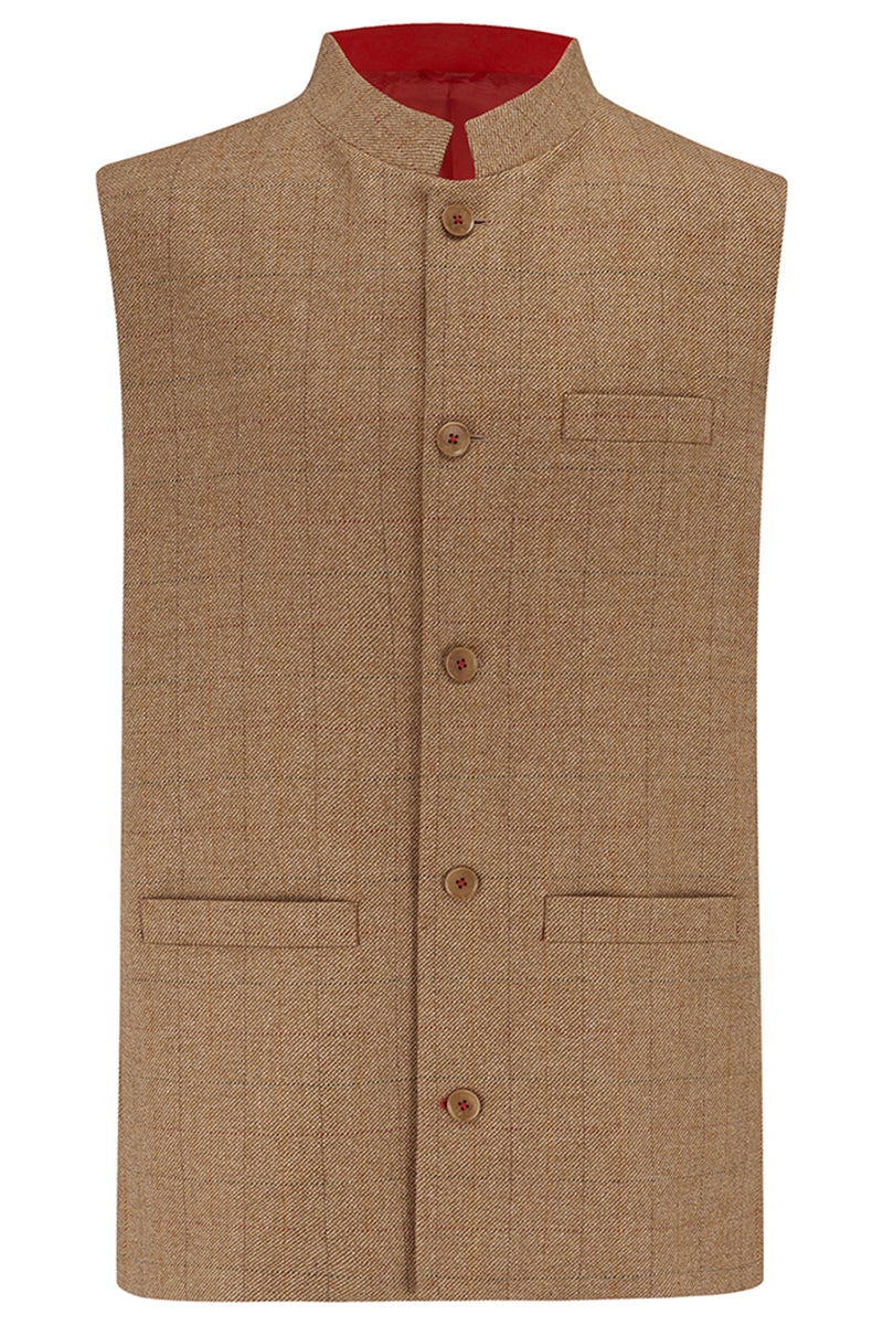 FRANKINCENSE Fine Tweed Nehru Gilet - Caramel & Scarlet