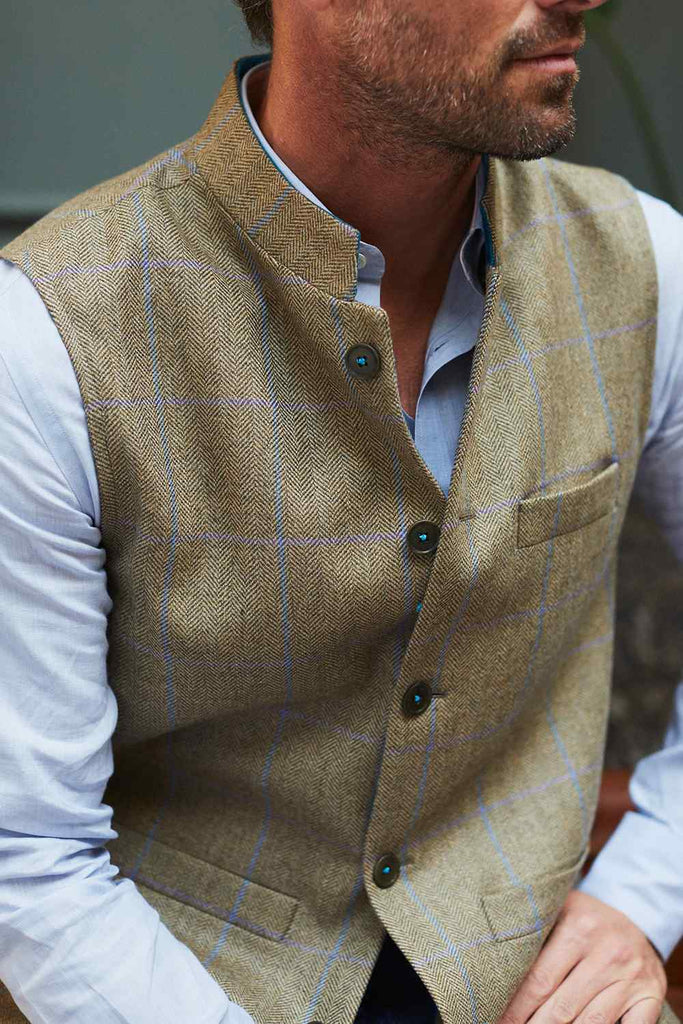 JASPER Fine Tweed Nehru Gilet - Sage Tweed with Turquoise
